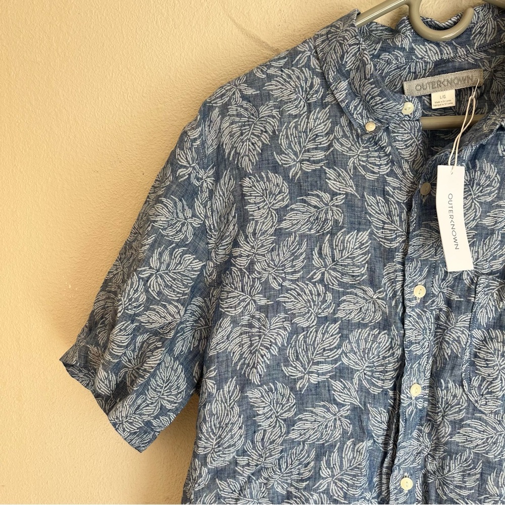 Outerknown Shirt Mens Large Blue Brown Short Sleeve Button Up Leaves Linen - Picture 4 of 7